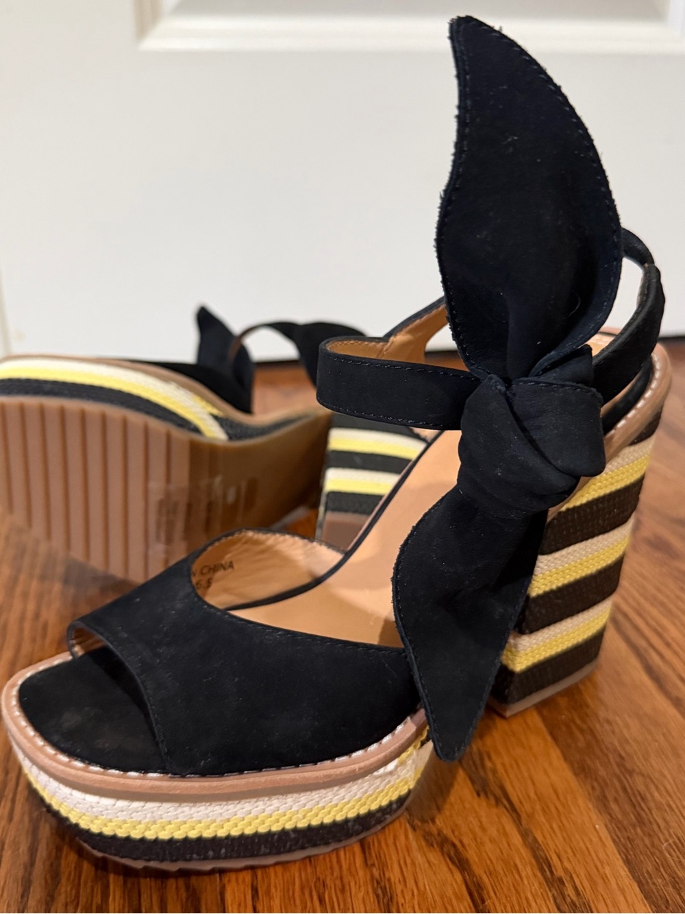 Black Suede Platform Sandals with Yellow and Brown Striped Wedge
